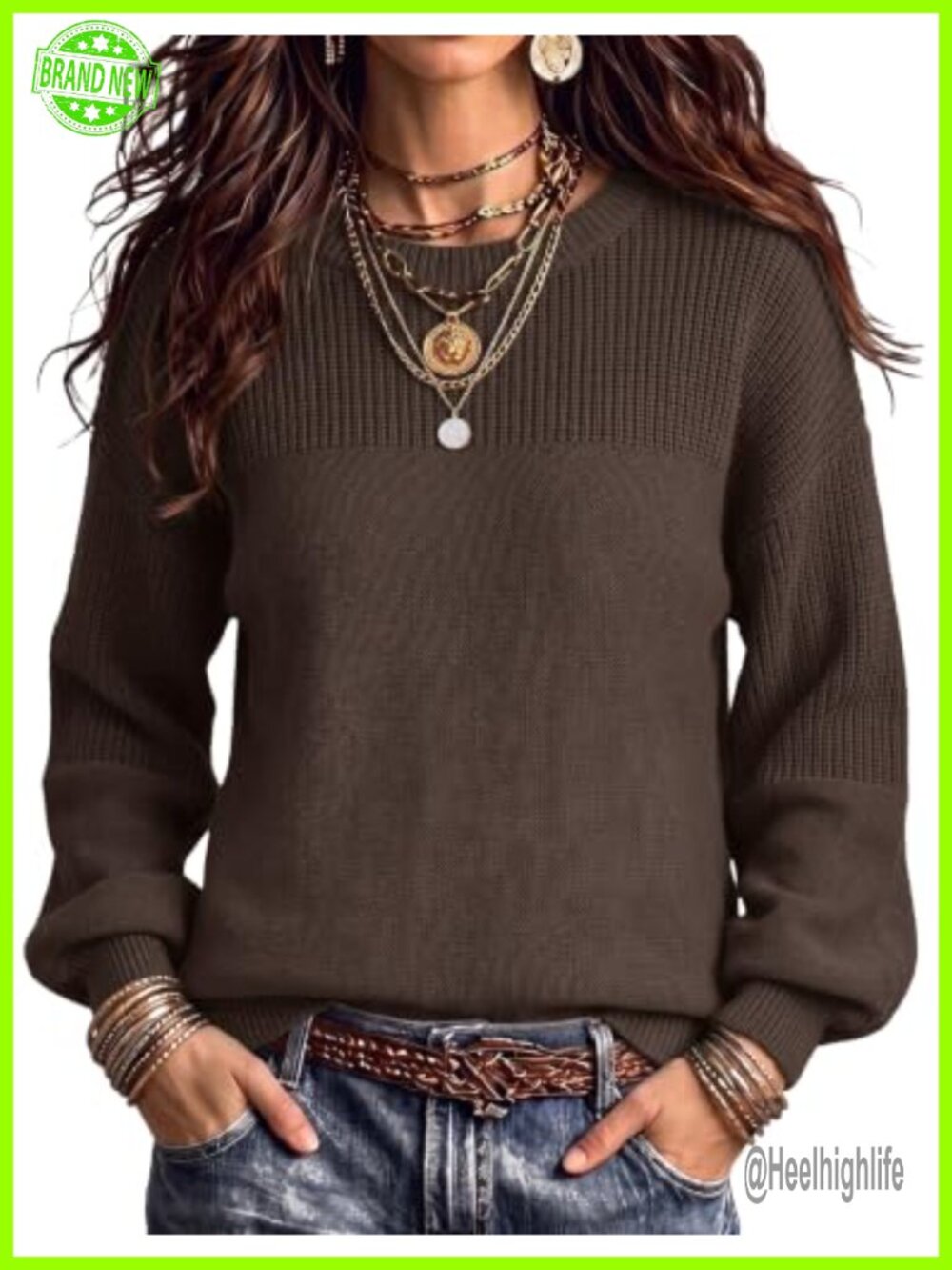 Women's Chunky Knit Cotton Sweater Pullover Loose Fit Crew Neck Long Sleeve
